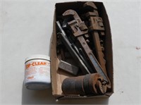 BOX: PIPE WRENCHES, WEIGHTS, ETC.
