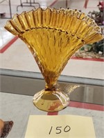 Vintage Fan Shaped Vase, Amber Glass Diamond