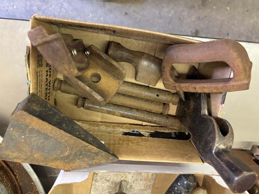 tire iron, box of metal pieces