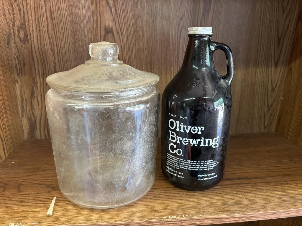 glass canister and oliver brewing co jug, market