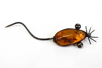 Modernist Sterling Baltic Amber Mouse Pin Brooch
