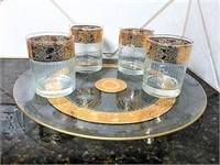 Glass Platter with Gold Trim and Glasses