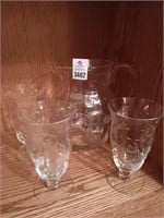 Tiffin glass pitcher and stems