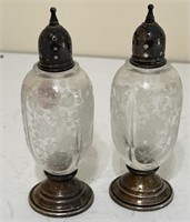 Sterling Etched Glass Salt & Pepper Shakers