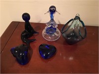 LOT of Blue Glass Paperweights Figures