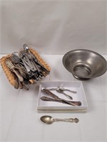 Flatware, pewter bowl, souvenir spoon