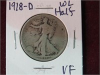 1918 D WALKING LIB 1/2 DOLLAR 90% VF