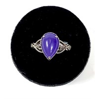 Sterling silver pear shape purple jade ring,