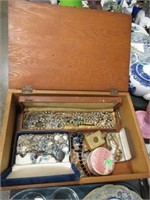 WOOD BOX W/JEWELRY AND NECKLACES