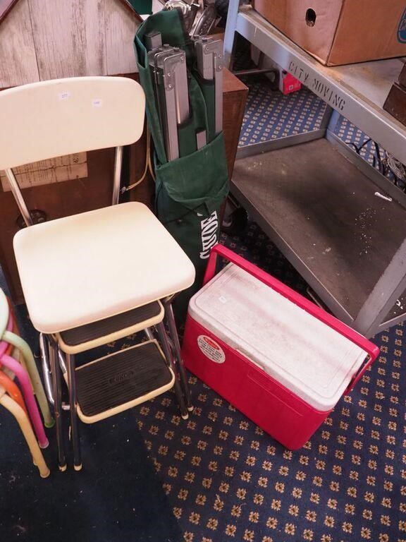Group including Cosco two-step stool, cooler