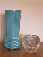 Aqua Blue Vase & AVON pressed Glass Votive Holder