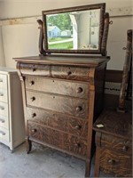 Antique Tiger Oak Veneer Tall Dresser w/