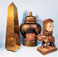 Decorative Asian Vase, Vtg. Elephant Clock, etc.