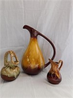 Three pretty brown tone pitchers: 10.5" slant top