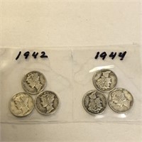 SILVER Mercury Dime LOT x 6 1942 & 1944