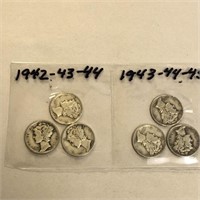 SILVER Mercury Dime LOT x 6 1942-45