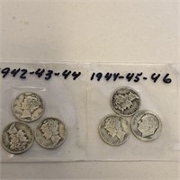 SILVER Mercury Dime LOT x 6 1942-46