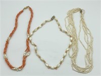 Lot of 3 Faux Pearl & Faux Coral Necklaces