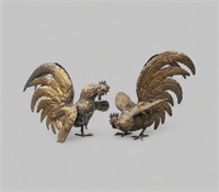 (2) VINTAGE BRASS FIGHTING ROOSTERS