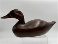 WOOD CARVED DUCK WITH GLASS EYES