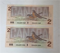 PAIR CONSECUTIVE TWO DOLLAR CANADIAN BILL