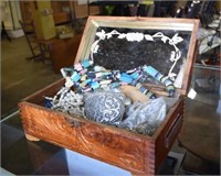 Carved Wooden Chest Of Costume Jewelry -