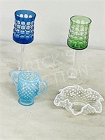 2 pc hobnail glass & 2 pc cut glass stemware