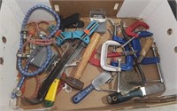 Box Of Tools Incl. Metal Clamps, Pry Bar & More