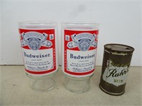 2 Large Budweiser Glasses and Vintage Beer Can