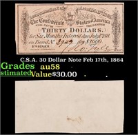 C.S.A. 30 Dollar Note Feb 17th, 1864 Grades Choice