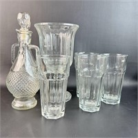 Glass Decanters, Vase, & Glasses