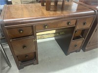 Wooden desk, worn, 30.5in tall, 42.5in wide