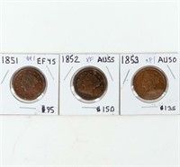 Coin 3 Large Cents From 1800's In EF / AU
