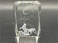 3D Laser Engraved Wolves Crystal Paperweight