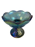 Single iridescent blue carnival glass candleholder