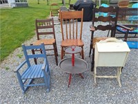 3 Wood Chairs, Child’s Rocker, sewing Caddy