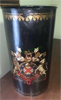 Tin metal trash can with an English coat of arms