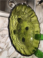Set 4 Green Glass Pcs-2 Vases, 2 Vtg Dishes