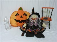 Halloween Witch w Chair & Pumpkin Decor