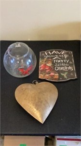 Metal Heart, Christmas Sign and Glass Bowl with Li