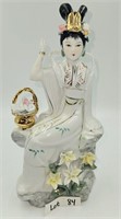 Porcelain Sitting Geisha Girl Statue Flower Basket