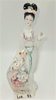Porcelain Geisha Girl Statue w/ Bird 11"