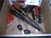 Box of Snap-On and MAC screwdrivers
