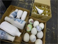 3 boxes painted milk bottles - glass eggs - white