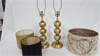 SET OF DECORATIVE BRASS BALL LAMPS & 3 SHADES