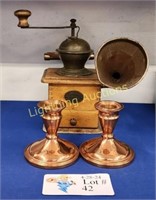 MAHLWERK COFFEE GRINDER AND PAIR CANDLESTICKS