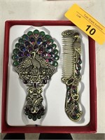 ENAMELED PEACOCK MIRROR & COMB VANITY SET