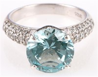 STERLING SILVER AQUAMARINE TOPAZ DIAMOND RING