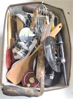 Basket of Kitchen Utensils, Fishing Reels, & Hand