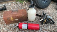 Chainsaw, sprayer, fire extinguisher, & toolbox
